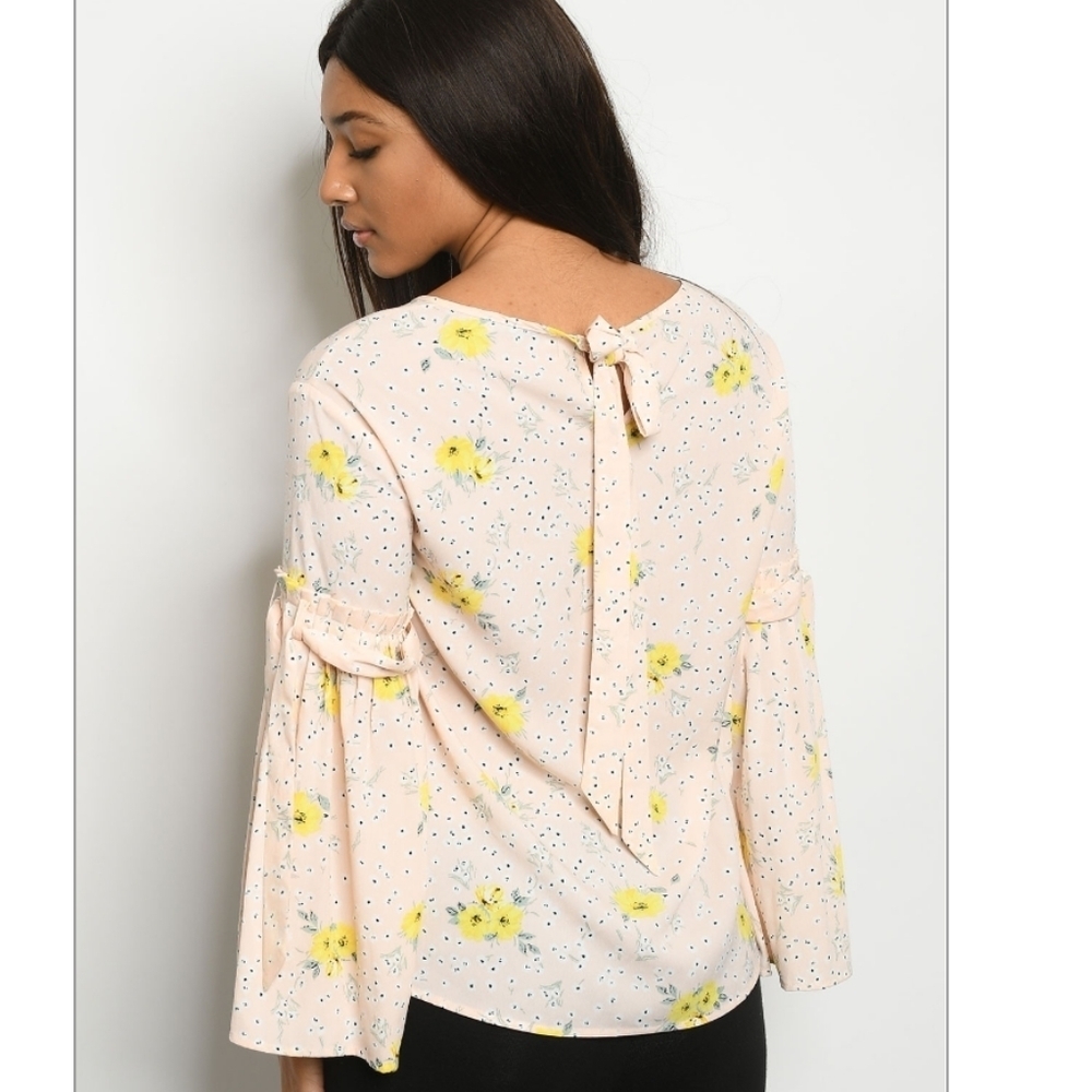 Floral Bell Sleeve Blouse S M L Yellow Boho Top Tie Sleeve Ruffle - Picture 12 of 12